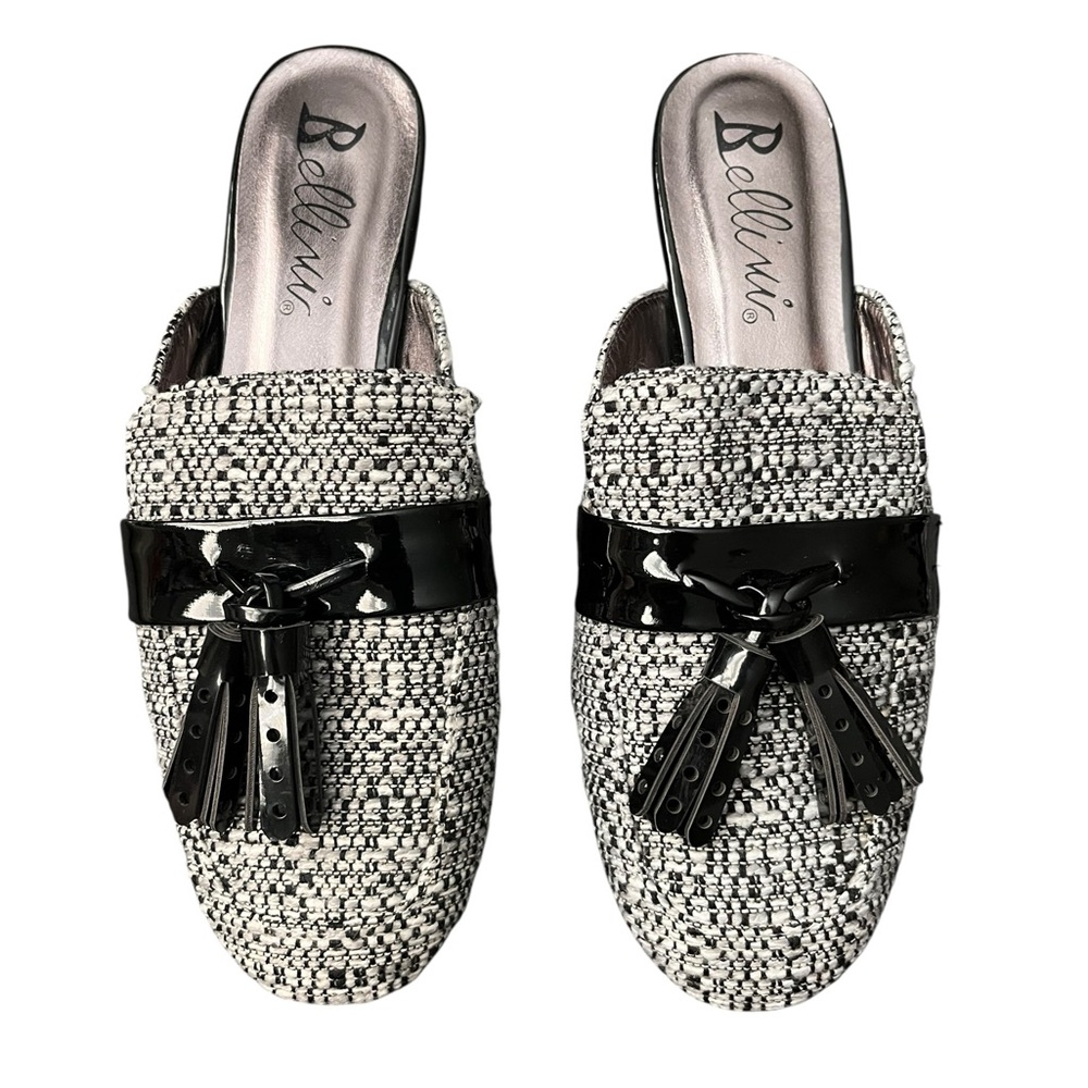 Bellini Womens Diary Mule Flat Shoes Black White Textile Slip On Tassel Size 7